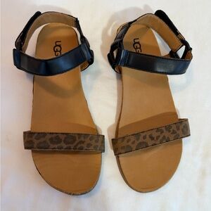UGG Flat Sandals black and tan animal print Velcro size 6
